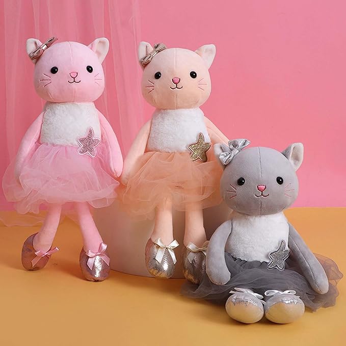 Plush Ballerina Dolls Kitten Cat Stuffed Animals Toys Ballet Dance Recital Gifts for Girls 15.5 Inches (Gray)
