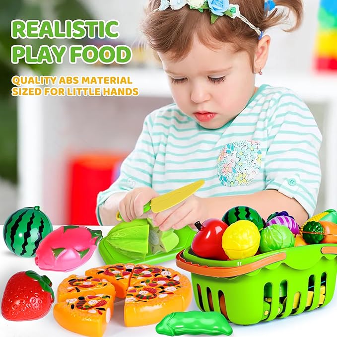 100 PCS Cutting Play Food Toy for Kids Kitchen, Pretend Food Toys for Toddlers, Play Kitchen Toys Accessories with 2 Baskets, Fake Food/Fruit/Vegetable, Birthday Gifts for 3 4 5 6 Years old Girls Boys