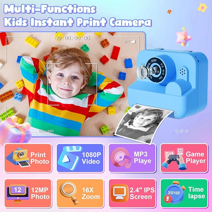 Kids Camera Instant Print - 1080P HD Video Digital Camera for Toddler with Printing Photo Paper, Portable Toy for 4 5 6 7 8 9 10 Years Old, Christmas Birthday Gifts for Boys Girls (Blue)