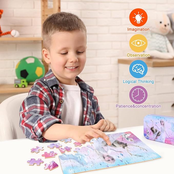 Puzzles for Kids Ages 4-8,Kid Puzzls in a Metal Box,Winter Princess Snowman Deer Horse Small Puzles,Kids Boys Girls Learning Educational Puzzes Packed in Tin Box,60 Pieces
