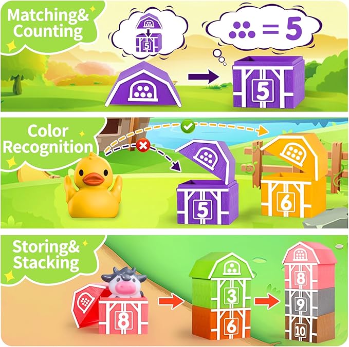 Oriate Farm Animal Learning Toys for Toddlers 1,2,3 Year Old, 20Pcs Farm Animals Montessori Toy for Counting Sorting Color Recognition & Matching, Finger Puppets & Stacking Toys 12M+