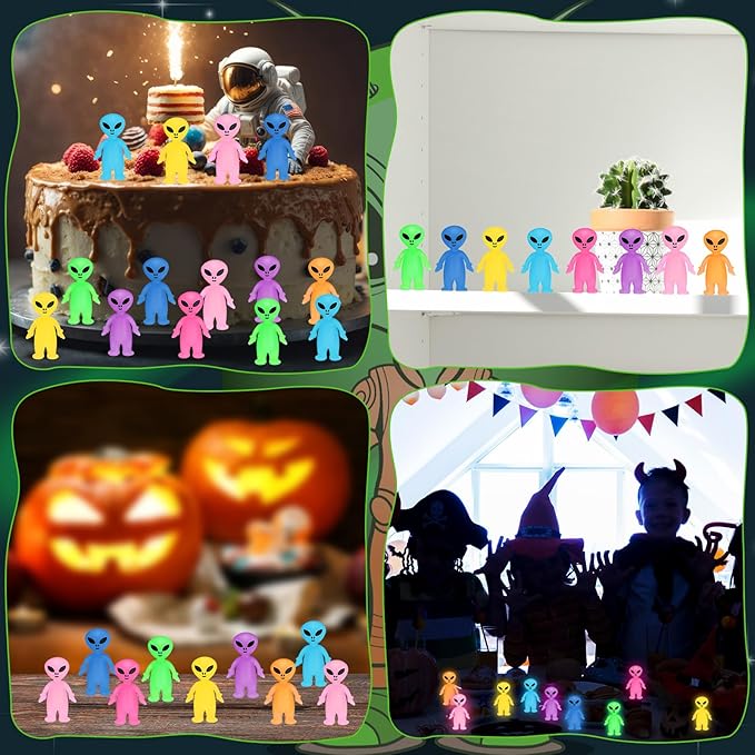 20 Pcs Colorful Mini Alien Figures Glow in The Dark Small Little Tiny Aliens Figurine to Hide and Seek for Space Party Favors Prank Gifts Halloween Party Goodie Bag Fillers, 8 Colors
