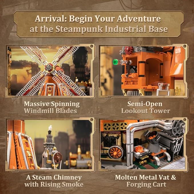 PANTASY Steampunk Windmill Workshop Building Set - Dutch Windmill Architecture with Mechanical Drive with Motorized Rotating Blades,Gear Details,and Openable Wall - Collectible Display Kit for Adults
