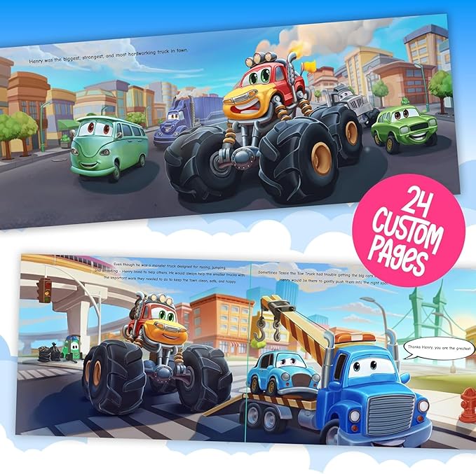 STORYBUG Personalized Monster Truck Story Book - Kids Custom Book with Name in The Story, 11in x 8.5in, Blue