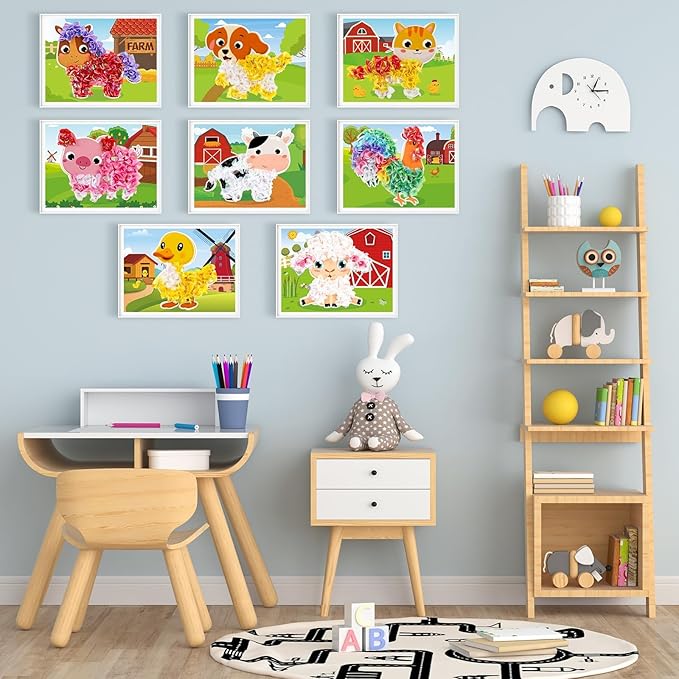 Lonfliness 8PCS Poke-in Craft and Art Kit for Kids Farm Animal Theme No-Mess Fabric Sewing Art Girl Boy 4-12 Puzzle Puncture Painting Farmhouse Sheep Toy Gift for Creative Activity Game Birthday Party