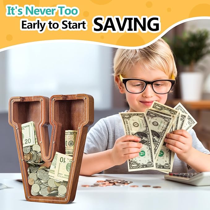 Summidate Customized Name Extra Large Wooden Piggy Bank for Kids Boys Girls Alphabets Letter A-Z Coins Bills Money Change Saving Box Clear Cover (Laser Engraved) Educational Toys 12"- Letter V