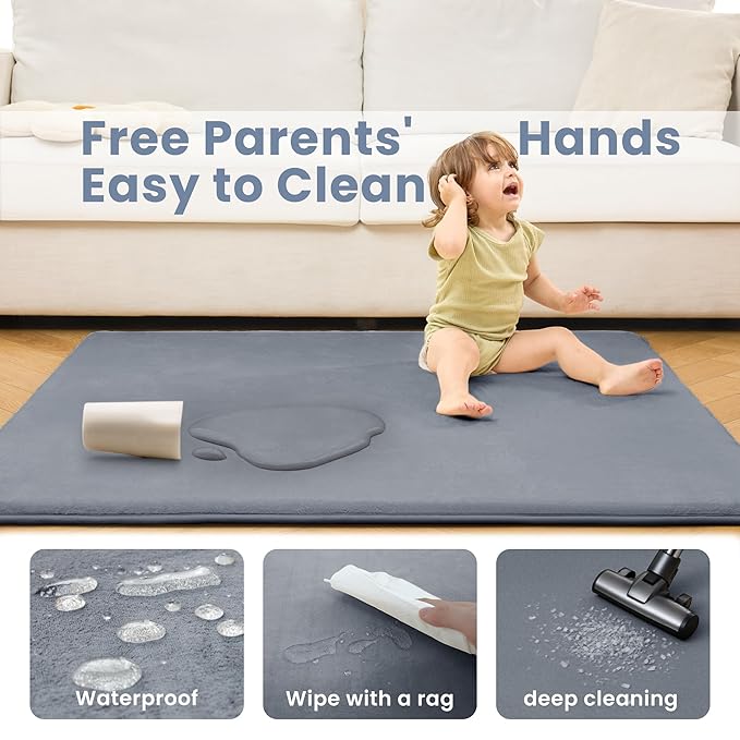 ACOMOPACK 1.3" Thick Baby Play Mat for Floor 59x71-Large Water-Repellent&Non-Slip Memory Foam Mat for Kids,Toddlers,Soft Velvet Nursery Rug for Tummy Time&Crawling,Yoga,Tatami Style(Grey)