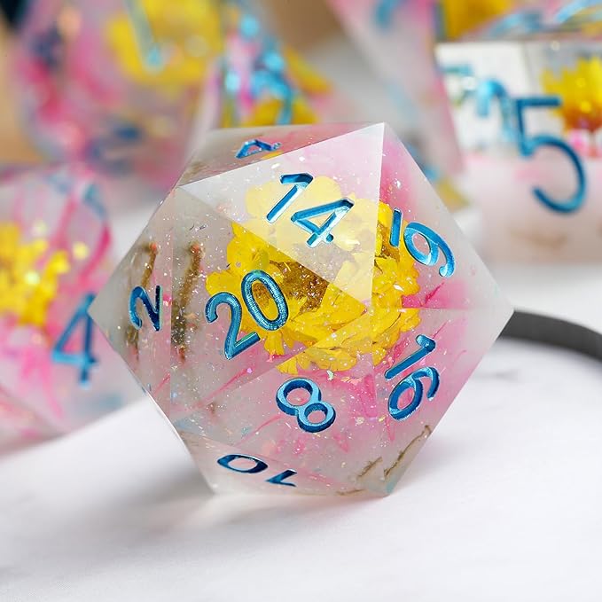 Resin DND Dice Set DNDND Handmade Flower Sharp Edge D&D Die with Gift Case for D&D Dungeons and Dragon Tabletop Games (Chrysanthemum)