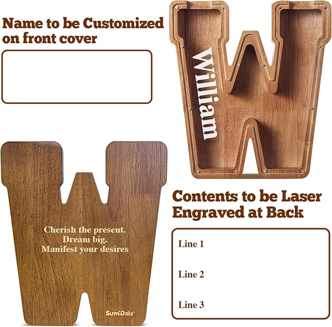 Summidate Customized Name Extra Large Wooden Piggy Bank for Kids Boys Girls Alphabets Letter A-Z Coins Bills Money Change Saving Box Clear Cover (Laser Engraved) Educational Toys 12"- Letter W