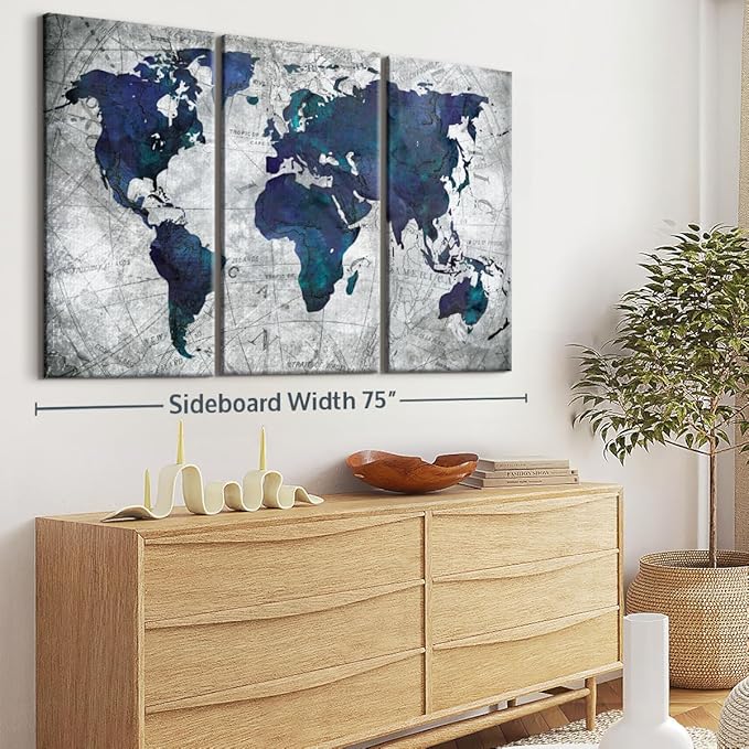 ElephantStock Deep Blue World Map Multi Piece Canvas - 3 Panel Wall Decor - Map of the World Art - Canvas for the Office and Home - 74" X 48"