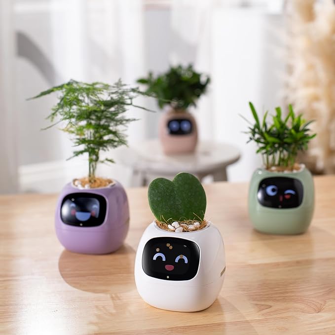 Smart pet Planter Robot Guidance on Plant Care with Emojis, Adorable Plant Companion with Rich Gesture Interaction, Neat Desk Setup Gift (Pink)