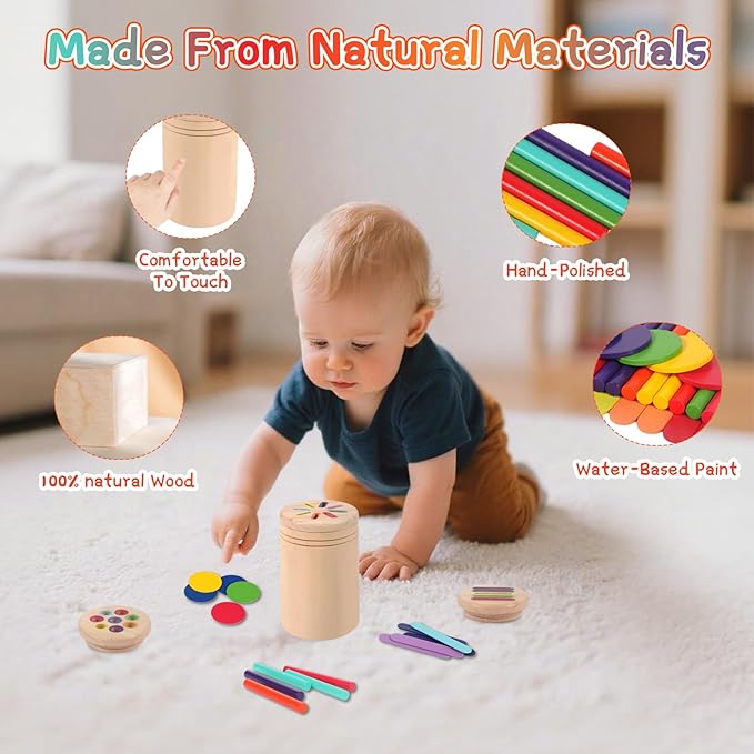 JOMBY Montessori Toys for Kids: 3 in 1 Sensory Learning Color Sorting Toys Wooden for 3 Year Old, Fine Motor Developmental Children Matching Games, Preschooler Learning Activities Boys Girls Gifts