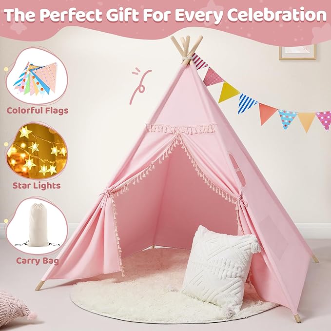 Sumbababy Teepee Tent for Kids Indoor – Cotton Canvas Play Tent with Tassel Trim, Foldable Toddlers Tent for Girls, Ideal Gift with Star Lights, Banner & Carry Bag (Pink)