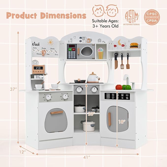 Costzon Corner Play Kitchen, Wooden Kids Kitchen Playset with Lights & Sound, Coffee Maker, Washing Machine, Oven, Microwave, Toddler Toy Kitchen for Pretend Play, Gift for Boys Girls 3+ (White)