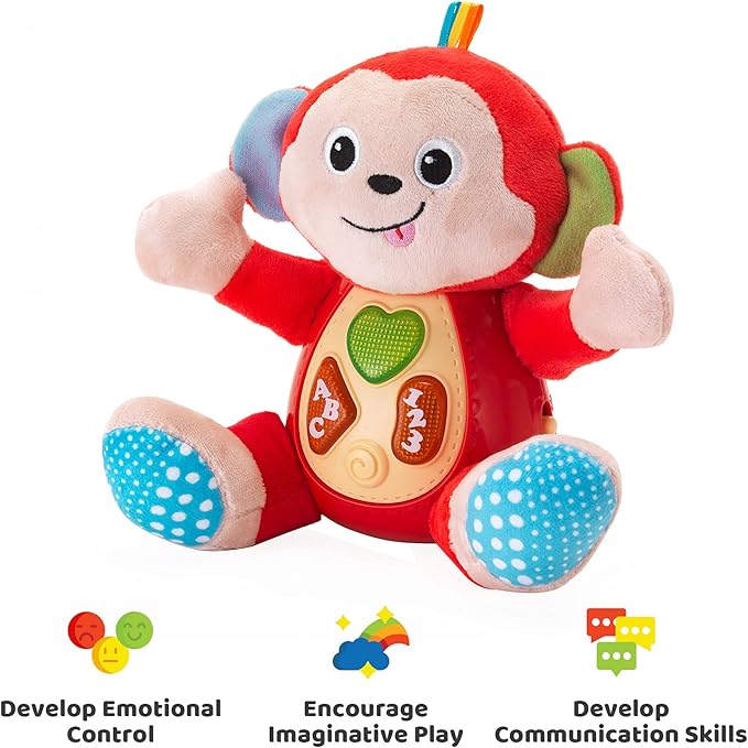 KiddoLab Musical Monkey Plush Toy - Soft Stuffed Animal with Light-Up Buttons and Melodic Nursery Songs for 3+ Month Old Babies