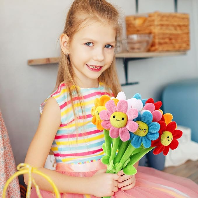 18 Pcs Plush Smile Flower Stuffed Bendable Stems Plush Bouquet Toy Soft Floral 12.6 Inch for Graduation 2025 Mother's Day Valentines Day Girl Girlfriend Wife Family and Friends(Lovely Style)