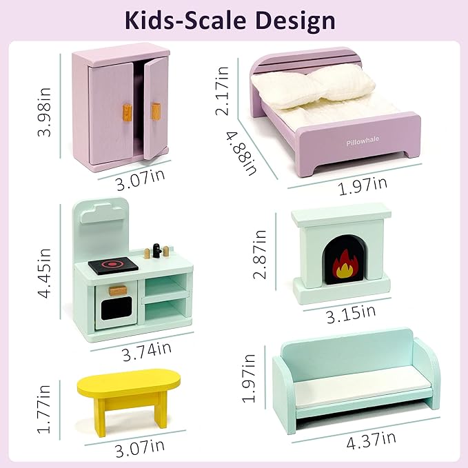 Wooden Dollhouse Furniture Set, 36Pcs Dollhouse Accessories for 6 Rooms, Full‑Home Pretend Play Furniture Toys, Birthday Gift for Toddlers Age 3+