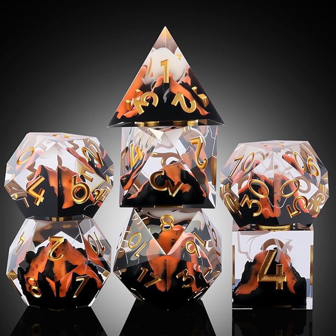 DNDND Volcanic Sharp Edge Resin Dice Set - 7PCS Lava Flow DND Dice for Dungeons and Dragons with Metal Case, Precision Polyhedral RPG Dice Gift for Gamers