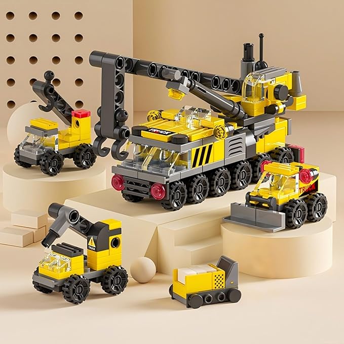 Rescue Construction Truck Building Blocks Set - 7 in 1 Engineering Vehicle Toy with Rotating Crane Arm, Rolling Wheels | STEM Educational Gift for Kids Ages 6-12 | Fire Truck & Emergency Playset