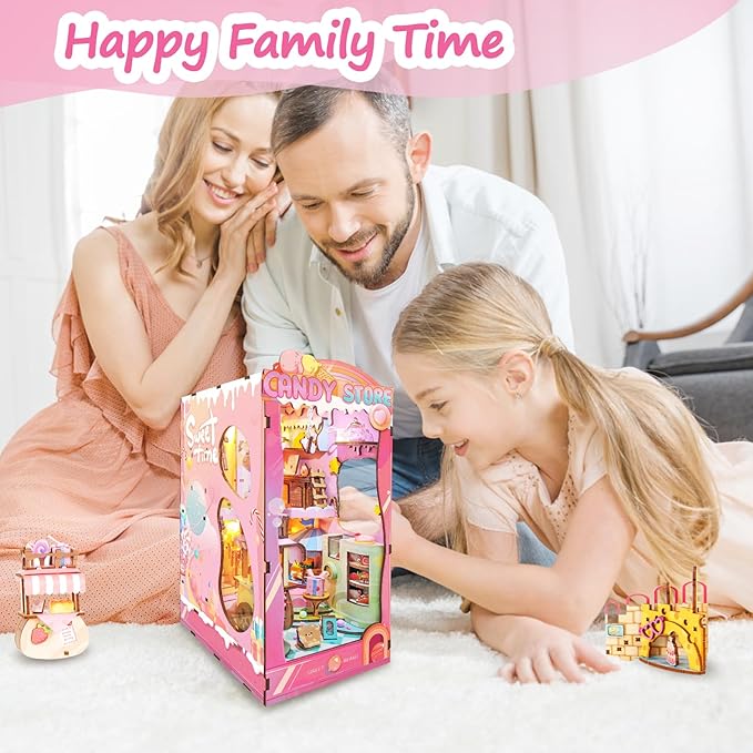 DIY Book Nook Kit,Miniature Candy House Kit for Adults,Booknook Dollhouse Kit Bookshelf Decor Tiny House Kit,3D Wooden Puzzle with LED Dust Proof,Diorama Crafts Birthday Gifts Girlfriend Valentine's