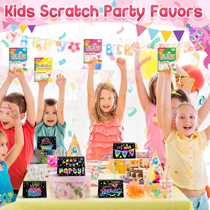 Kids Scratch Art Party Favors Gifts: 16 Pack Rainbow Scratch Notebook Paper Birthday Party Favor Toy Girls Boys Art Craft Kit Summer Classroom Goodie Bags Return Gifts for Birthday Party Favors Bulk