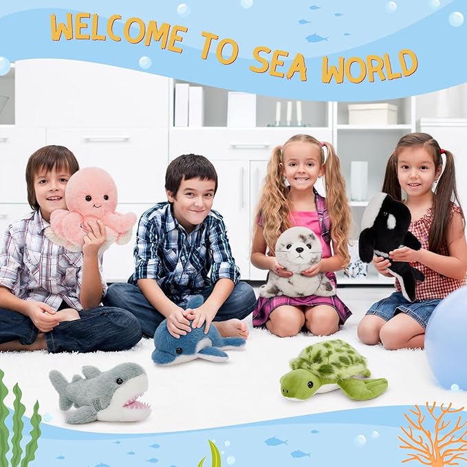 MaoGoLan 6Pcs Sea Animal Plush Toys Ocean Stuffed Animals for Kids, Large Bulk Party Favors with 10'' Plush Whale Shark Turtle Seal Orca Octopus, Classroom Decorations Christmas Valentine's Day Gifts
