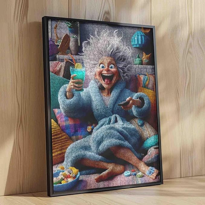 Funny Blue Bathrobe Grandma Jigsaw Puzzle for Adults 1000 Pieces Cozy Living Room Scene Whimsical Home Decor Relaxing Game 20×27 Inches Unique Gifts for Puzzle Lovers Family Entertainment