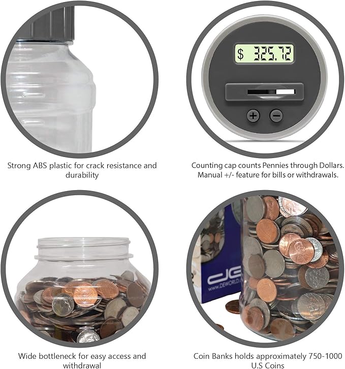 Teacher's Choice Digital Coin Bank, Savings Jar, and Piggy Bank | Automatic Coin Counter Totals All U.S. Coins Including Dollars and Half Dollars - Original Style, Clear Jar w/Grey Lid