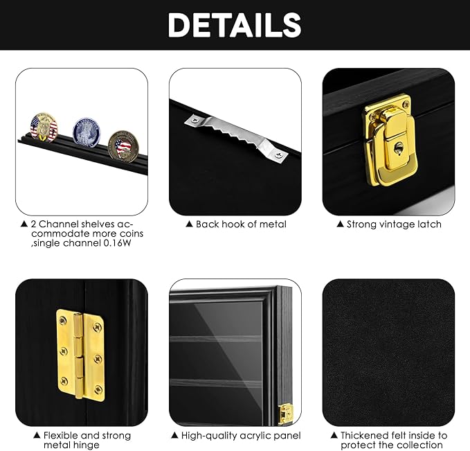 PiaoHao Medals Display Case Wall Frame for Collector, Military Challenge Coins Holder, Pins, Lockable Shadow Box with Removable Shelves, Black