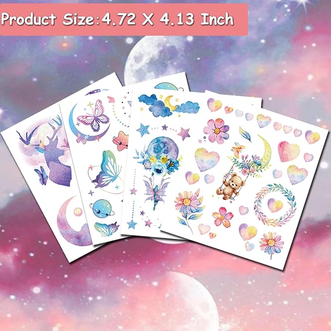 Glitter Tattoos for Girls Women, 12 Sheets Glitter Butterfly Moon Flowers Mermaid Temporary Tattoos for Girls Birthday Party Supplies Gifts Decoration