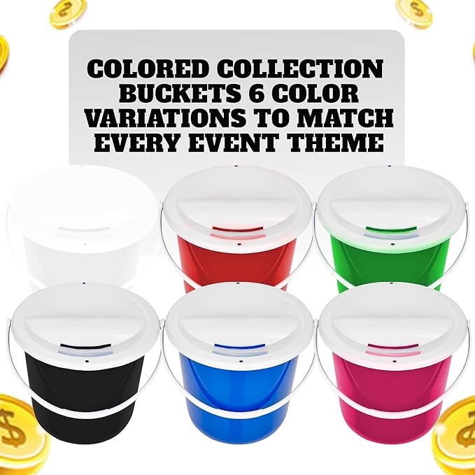 Plastic coin collection Bucket with removable lid and handle charity donation collection money box pail for fundraising with top slot for tickets raffles and money 7.5"Hx8.3"Diameter(multicolor)4 pack