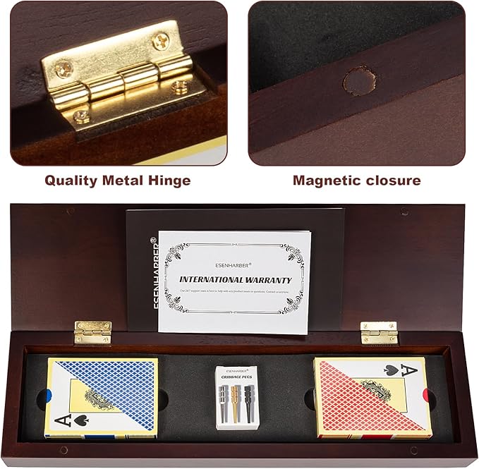 Cribbage Board Game Set, Premium Wooden Board with Magnetic Lock and Metal Pegs, 2 Playing Cards, and Large Storage - Travel-Friendly Continuous 3 Track Board