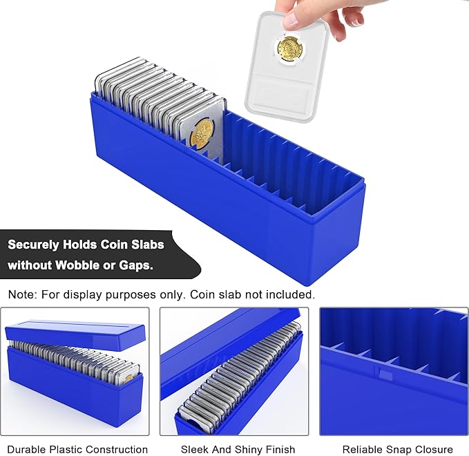 Plastic Coin Slab Storage Box – 20-Slot Coin Holder Organizer Case Fits for PCGS NGC PMG PCCB Slabs, Secure Coin Collection Box for Collectors, Home, Office, Bank Use (Box Only, Blue)