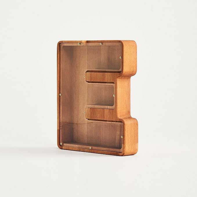 Personalized Wooden Piggy Bank – Custom Letter E Coin Bank in Beech Wood with Clear Acrylic Front, Engraved Name Option, Money Saving Box for Kids and Adults