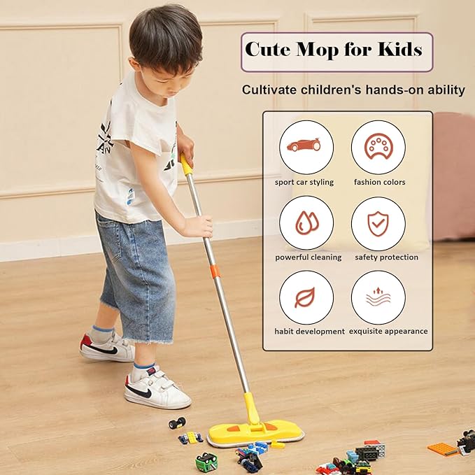 Mini Mop Small Mop for Kids Housekeeping Pretend Play Cleaning Toy Gift for Boys Girls (Blue)
