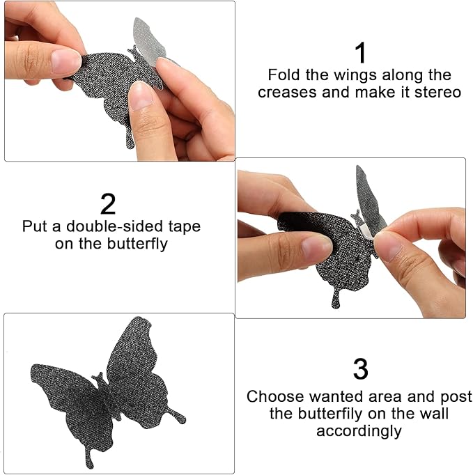 BBTO 48 Pieces Butterfly Wall Decor DIY Mirror 3D Butterfly Stickers Removable Decals for Home Bedroom School Bathroom Living Room Decor(Glitter Black)