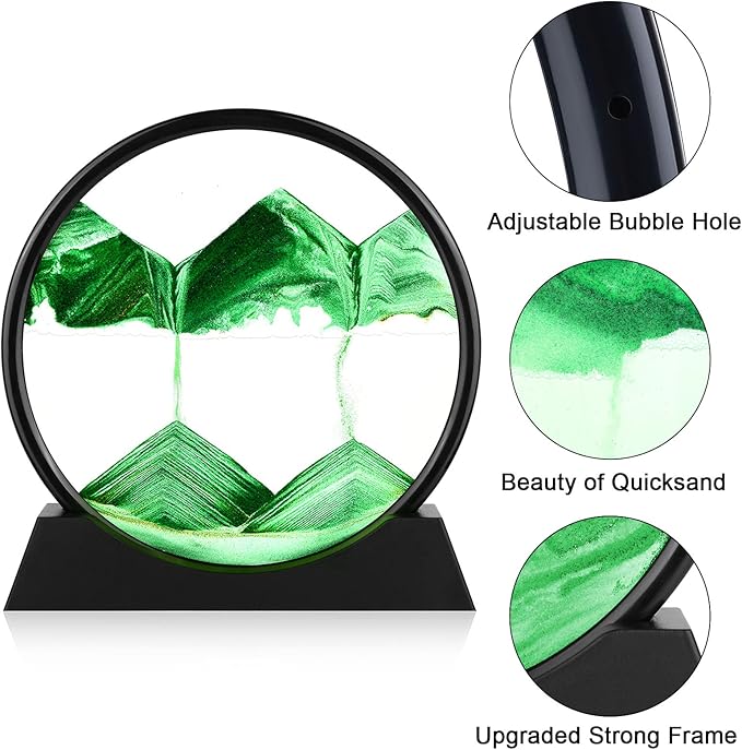 Moving Sand Art Picture - 3D Quicksand Painting Decor - Round Glass 3D Deep Sea Sandscape - Relaxing Home Decoration Desk Toys for Home Office Desk Mantle Bookshelf- (Green, 12 in)