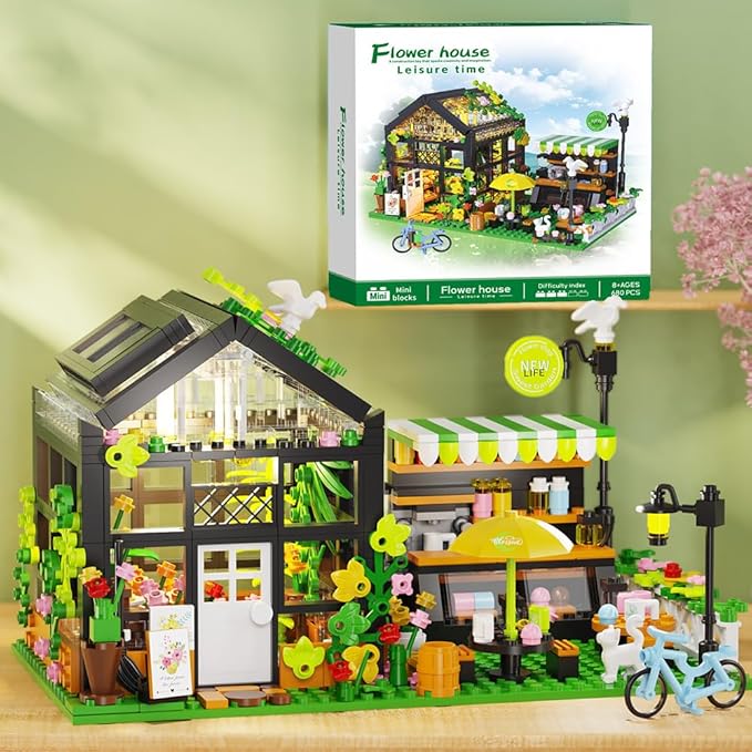 Flower House Building Set with LED, City Street House Flower Shop Building Blocks Toy, Valentine Gift for Girls 8-12 Year, Mini Brick 680pcs