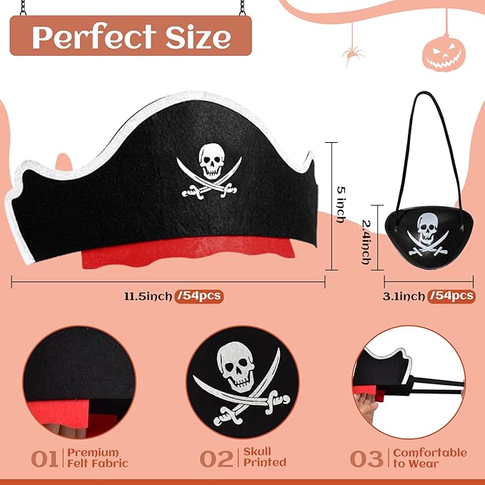 Legigo 108 Pcs Pirate Hat with Eye Patch- 54pcs Classic Captain Costume Cap & 54pcs Eye Patch for Pirate Party Cosplay, Halloween & Caribbean Fancy Dress