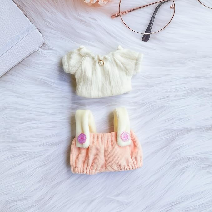 Clothes for Dolls Accessories (No Doll), Cute Outfit Set 2 Pieces Bib Pants for 15 & 17cm Doll Suit, Stylish Dress Up Overalls Doll Clothing Set Replacement Pink
