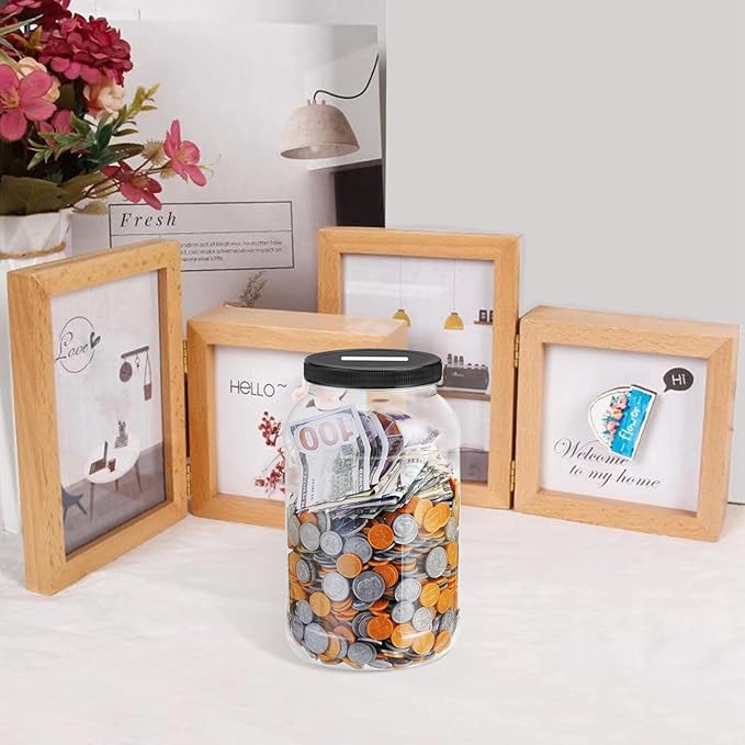 Large Clear Coin Bank Jar with Slotted Lid, One Gallon Plastic Money Tip Change Savings Jar for Coin or Raffle Ticket, Big Clear Money Tip Piggy Change Bank Box for Adults Teens