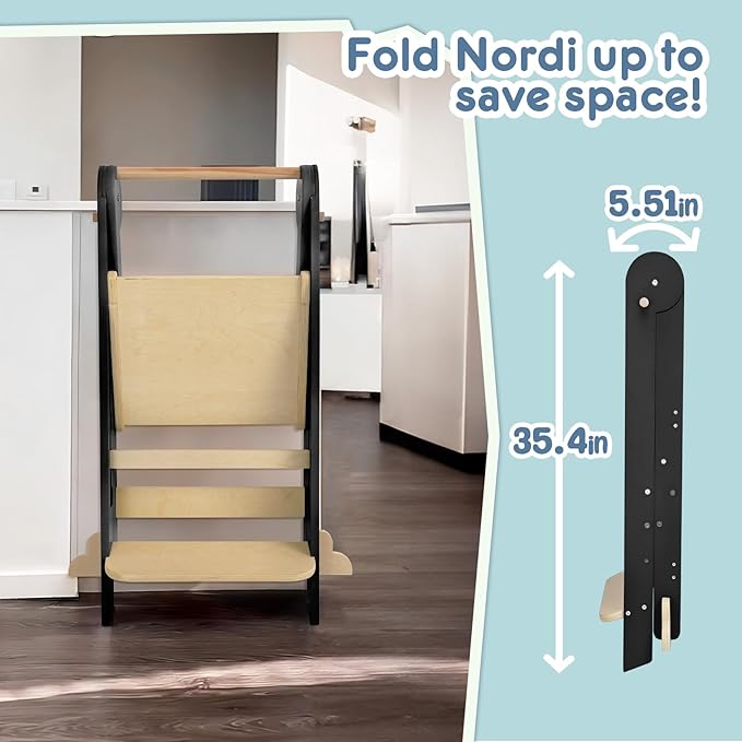 Nordi Foldable Toddler Kitchen Tower, Montessori Kitchen Stools Helper, Standing Tower with 3 Adjustable Heights, Suitable Age for 2-6 Years, Black