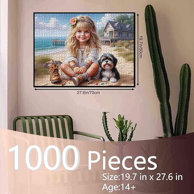 Tucocoo 1000 Piece Jigsaw Puzzle for Adults, Cute Girl and Puppy, Beach Cottage, Coastal Ocean Summer Puzzle, Family Games Art Puzzles, Cute Dog Jigsaw for Women, DIY Puzzle Wall Art Decor Gifts