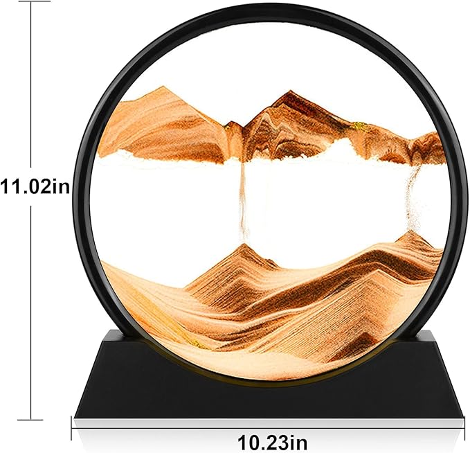 Moving Sand Art Picture - 3D Quicksand Painting Decor - Round Glass 3D Deep Sea Sandscape - Relaxing Home Decoration Desk Toys for Home Office Desk Mantle Bookshelf- (Yellow, 12 in)