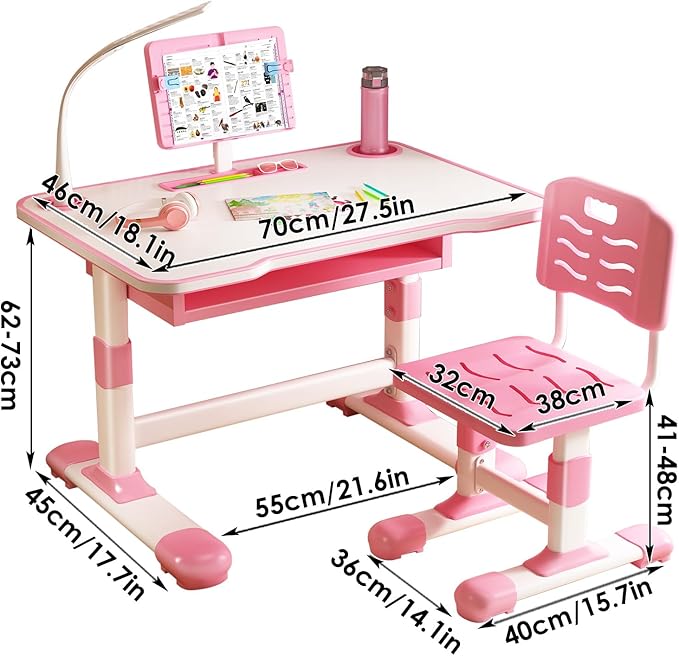 2025 NEW Kid's Study Desk and Chair Set, Ergonomic Height Adjustable Children Study Desk with Tilt Desktop, Book Stand, Light, Metal Hook and Storage Drawer,Gift for Boys Girls (Pink 70cm light)