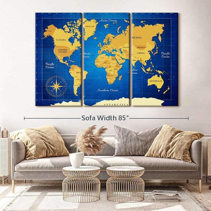 ElephantStock Yellow Longitude World Map Multi Piece Canvas - 3 Panel Wall Decor - Map of the World Art - Canvas for the Office and Home - 74" X 48"