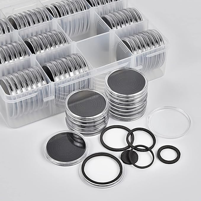 84 Pieces 46 mm Coin Capsules, with Foam Gasket and Plastic Storage Organizer Box, Coins Holder Collector Case for Coin Collection Supplies 7 Sizes (16/20/25/27/30/38/46mm) - Clear Case+Black Gasket