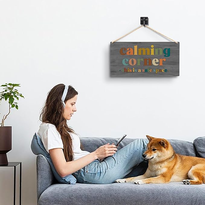 Calming Corner Hanging Wood Sign - Safe Space, Classroom Decor, School Counselor Office, Calm Down Corner Decorations, Boho Decor (Gray), 12x6