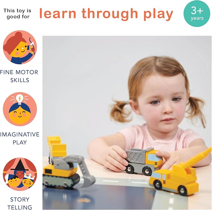 Mentari Toys - Building Vehicles - 4pc Wooden Construction Vehicles with Interactive, Moving Parts - Toy Truck Set for Action-Packed Imaginative Play - Develop Motor Skills and Coordination - Age 3+