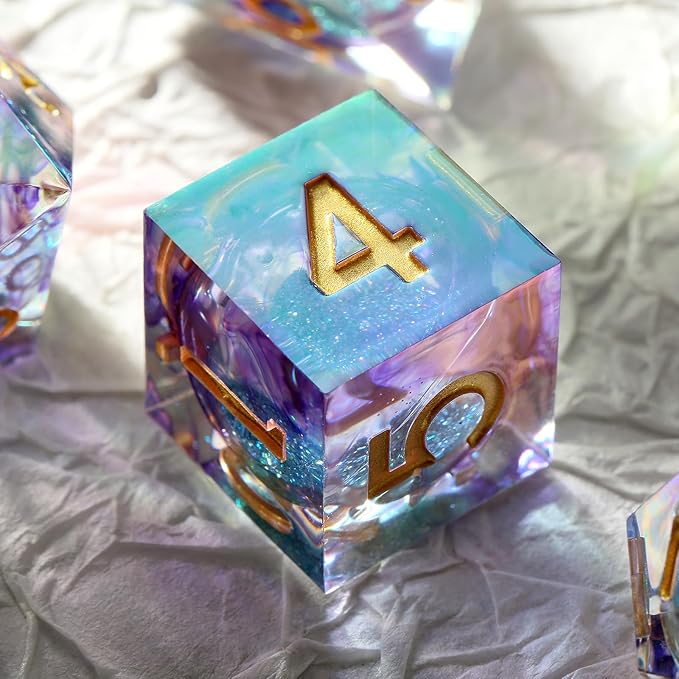 Iridescent Plating Glitter Liquid Core Sharp Dice, DNDND Handmade DND Resin Sharp Edge D&D Die with Gorgeous Gift Case for Dungeons and Dragon Tabletop Games (Iridescent Plating Liquid Core)